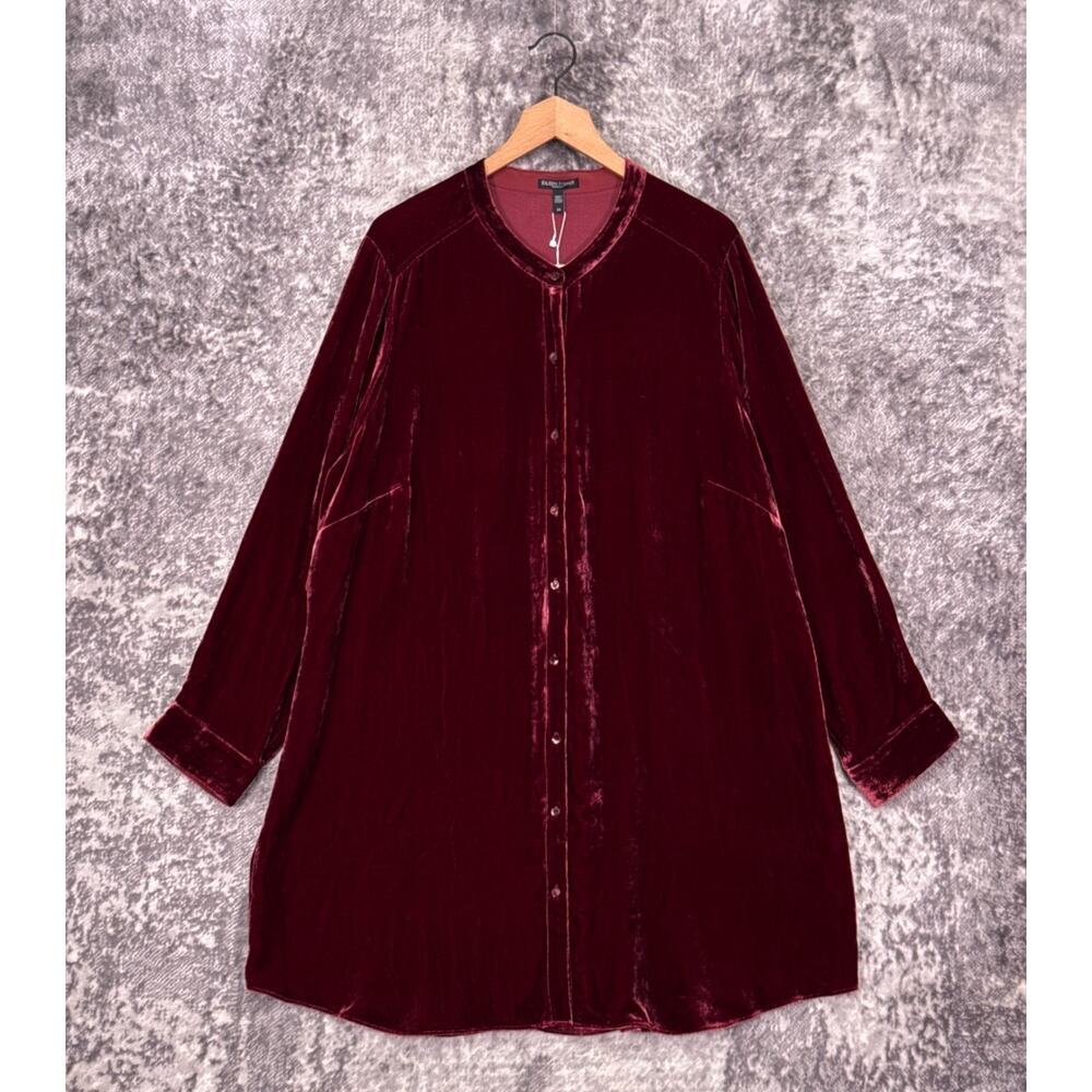 New Eileen Fisher Shirt 2X Womens Mandarin Collar Tunic Red Silk Velvet